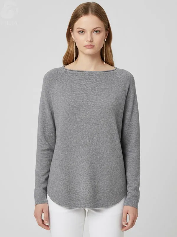 Women's Heather Grey Boat Neck Knit Top (Relaxed Fit, Curved Hem)