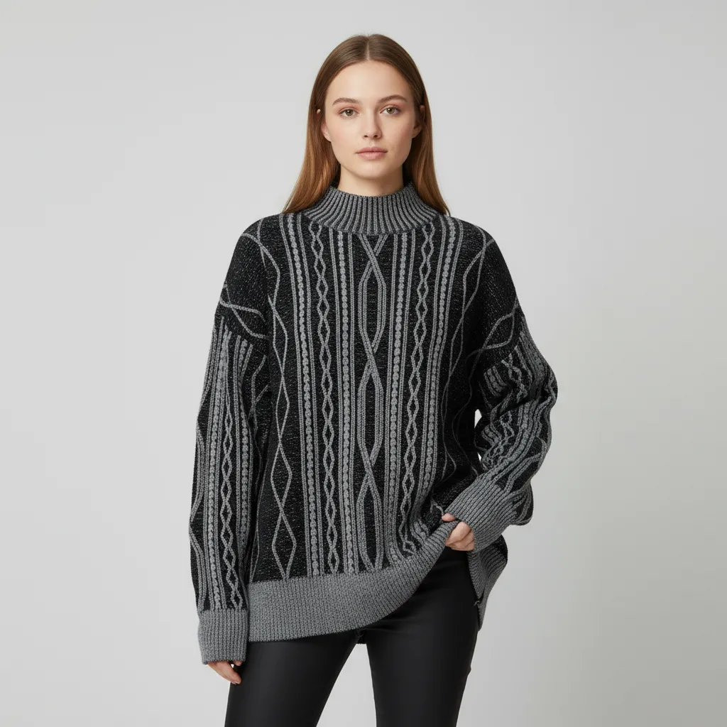 Women's Black & Grey Cable-Knit Turtleneck Sweater (Geometric Pattern)