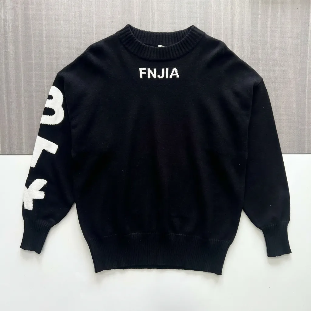 Women's Black Graphic Knit Sweater (Crew Neck, Bold White Lettering Design)