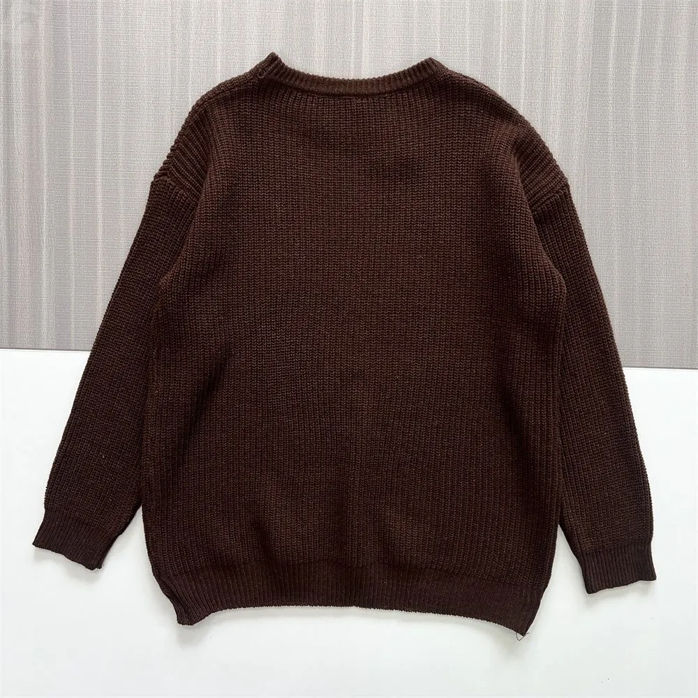 Women's Chocolate Brown Waffle-Knit Sweater (Crew Neck, Oversized Relaxed Fit)