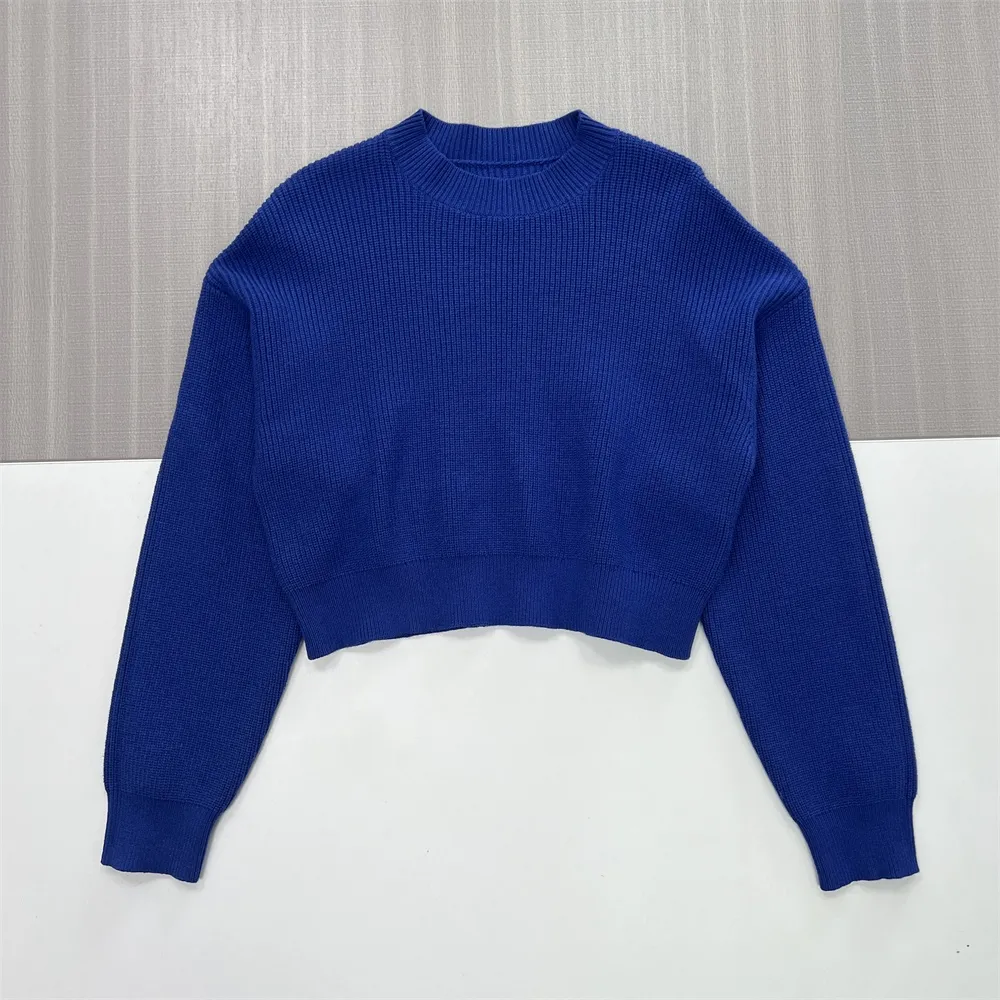 Women's Royal Blue Rib-Knit Cropped Sweater (Crew Neck, Oversized Puff Sleeve)