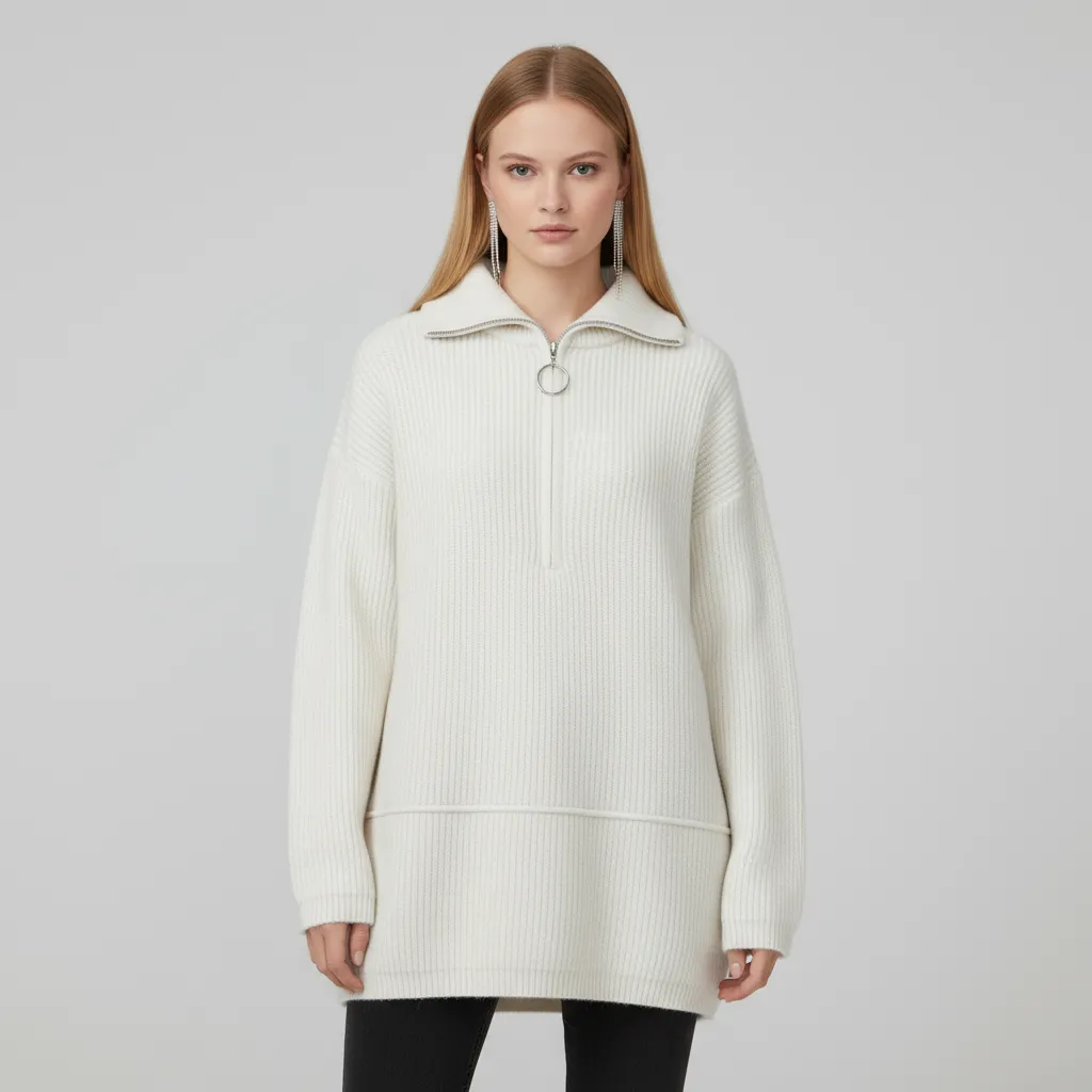 Women's Ivory Rib-Knit Quarter-Zip Polo Collar Sweater with Ring Detail