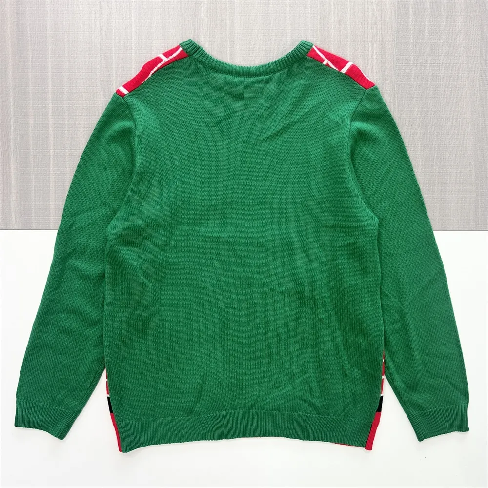 Women's Christmas Fireplace & Stocking Print Knit Sweater (Red & Green)