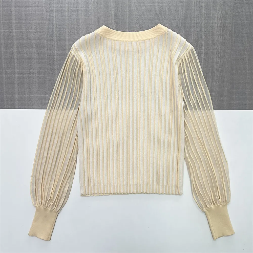 Women's Cream Sheer-Striped Knit Sweater (Crew Neck, Puff Sleeve Design)
