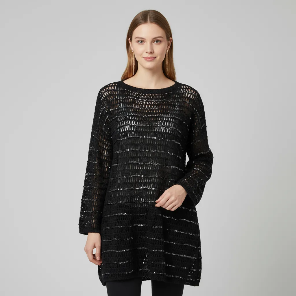 Women's Black Sequin-Striped Knit Tunic (Sheer Openwork, Crew Neck & 3/4 Sleeve)