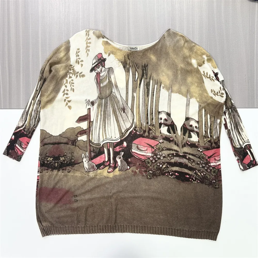 Women's Artistic Illustration Print Knit Tunic (Fantasy Scene Design)