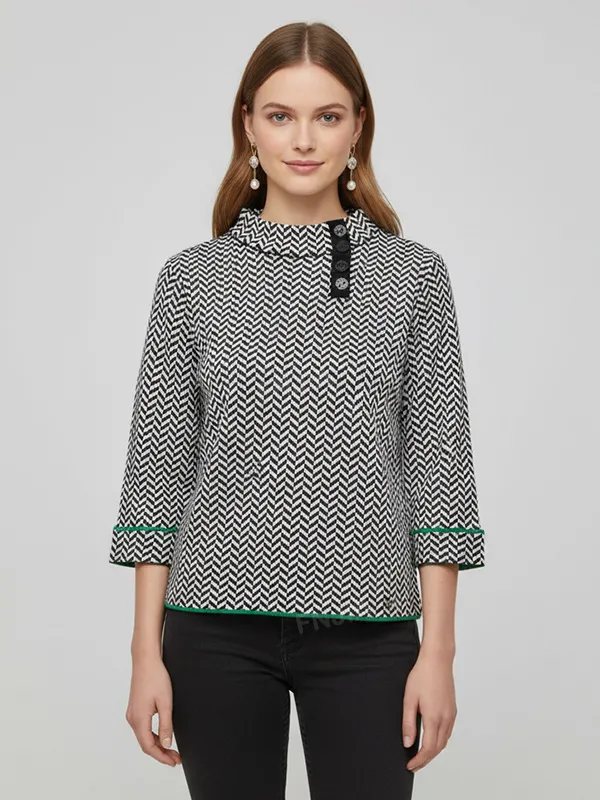 Women's Black & White Herringbone Knit Top (Stand Collar, 3/4 Sleeve with Green Trim)
