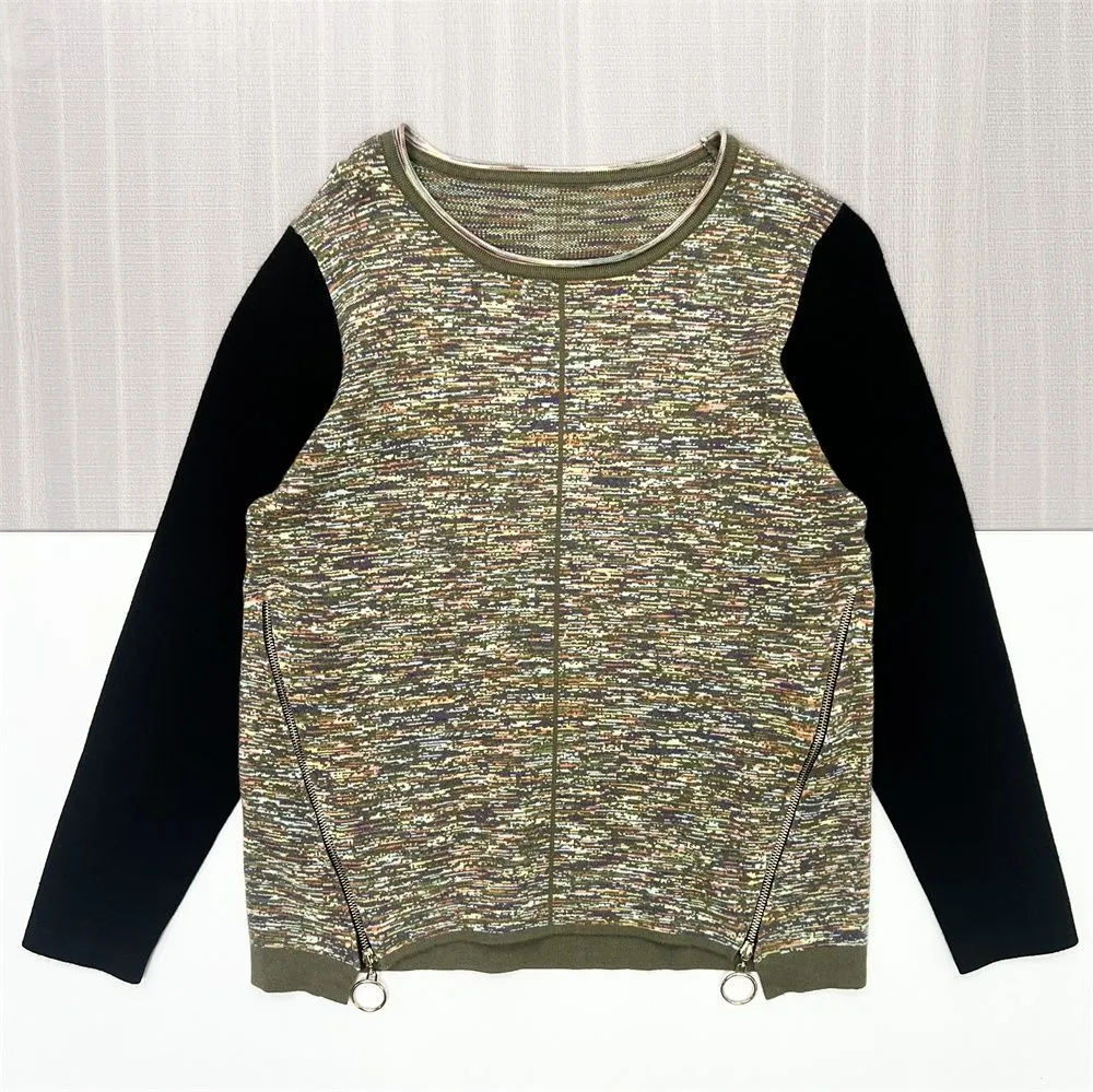 Women's Multi-Tone Tweed Knit Top (Black Sleeve Panel, Zipper Detail)