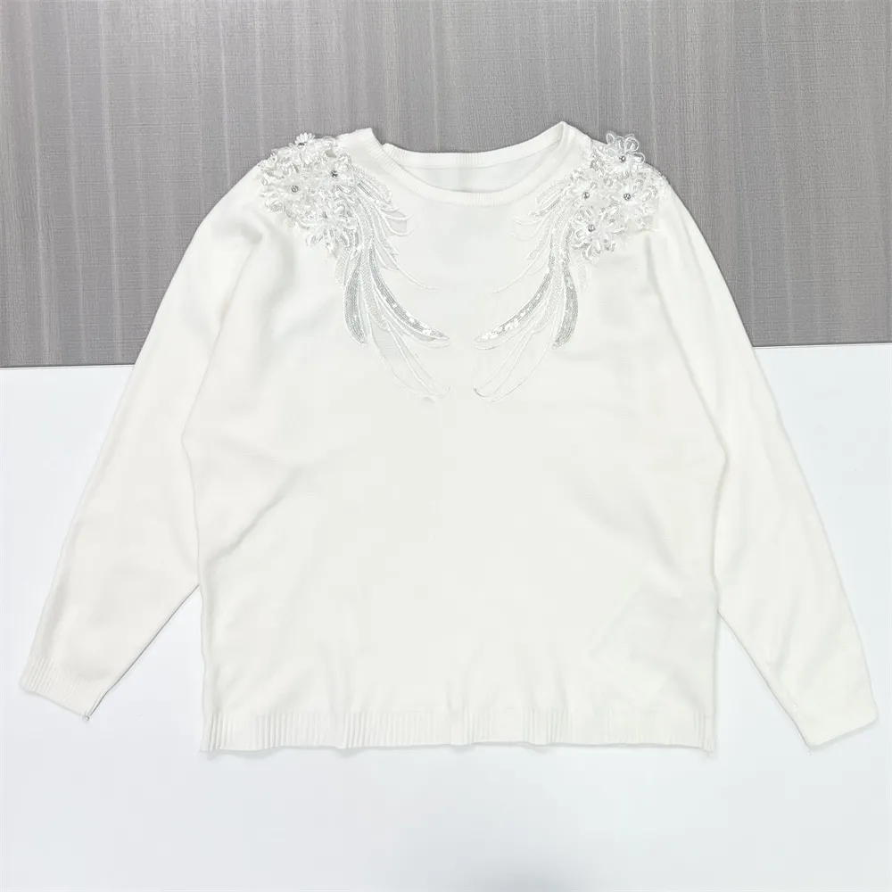 Women's White Knit Sweater with Elegant Shoulder & Chest Embellishments