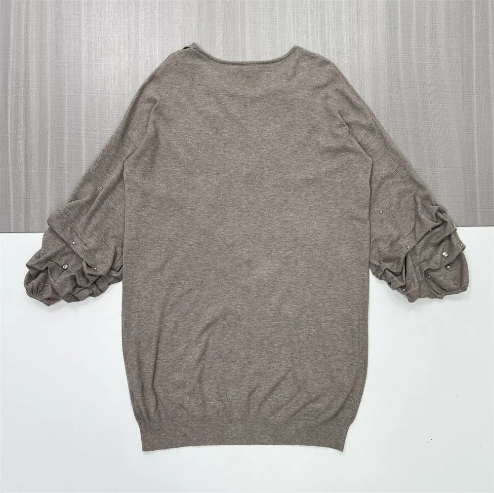 Women's Taupe Knit Tunic (Oversized Fit, Pearl Embellishments & Puff Sleeves)