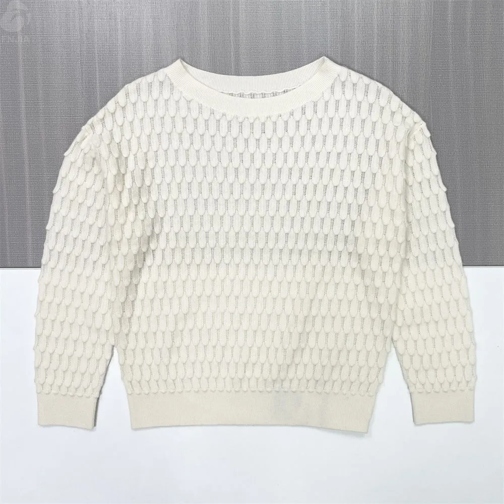 Women's Cream Scale-Pattern Openwork Knit Sweater (Crew Neck, Textured Design)