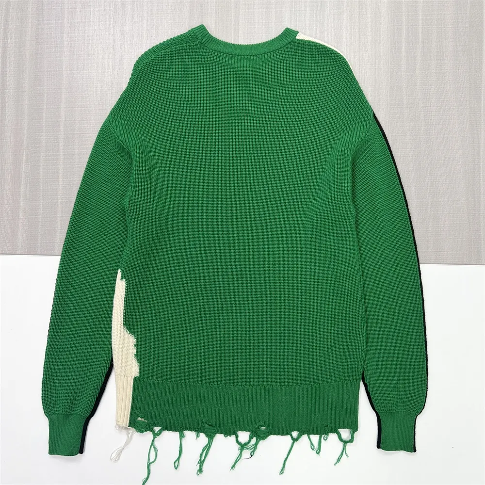 Women's Green/Black/White Abstract Knit Sweater (Oversized Fit, Fringed Hem)