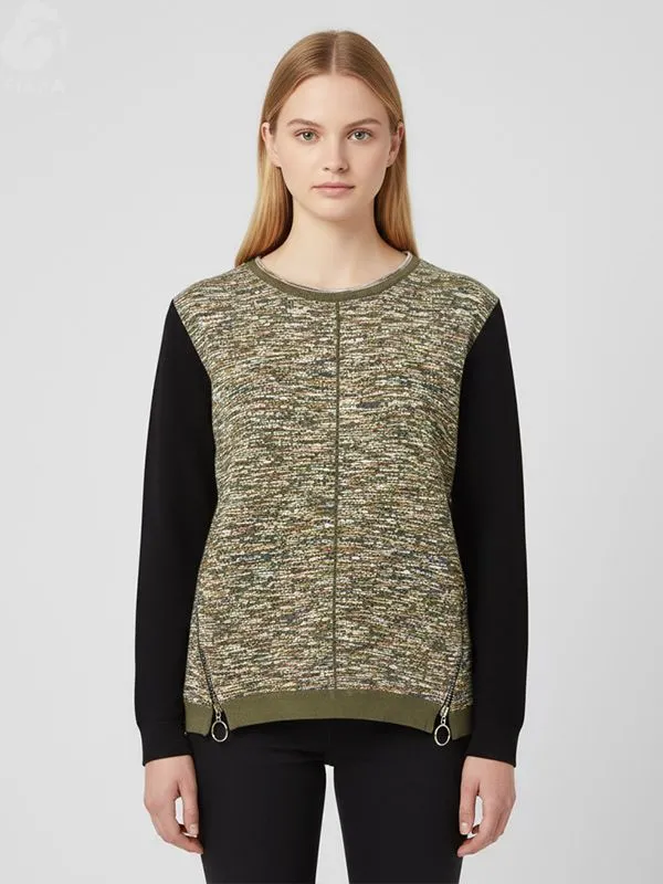 Women's Multi-Tone Tweed Knit Top (Black Sleeve Panel, Zipper Detail)