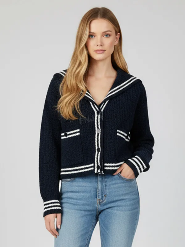 Women's Navy Sailor Collar Cropped Knit Cardigan with Contrast Stripes