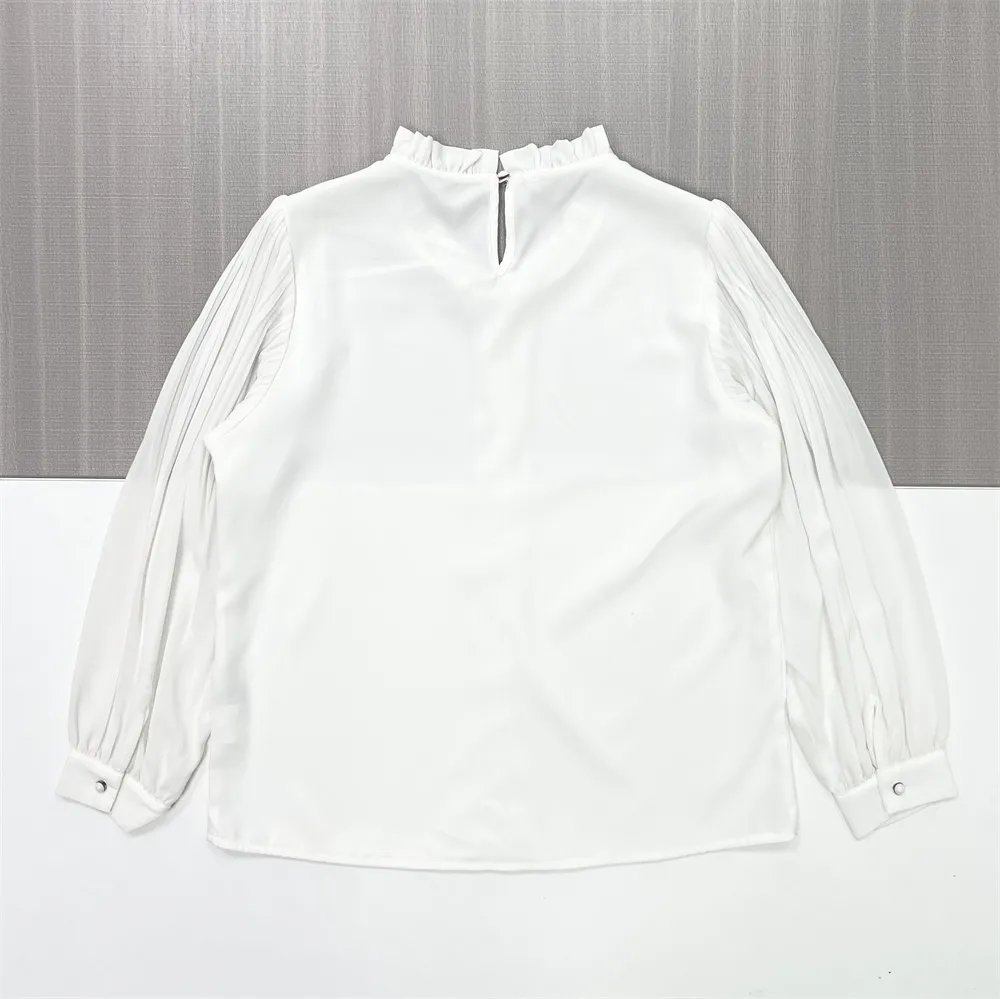 Women's White Ruffled Mock Neck Blouse with Pleated Sleeves & Stud Detail