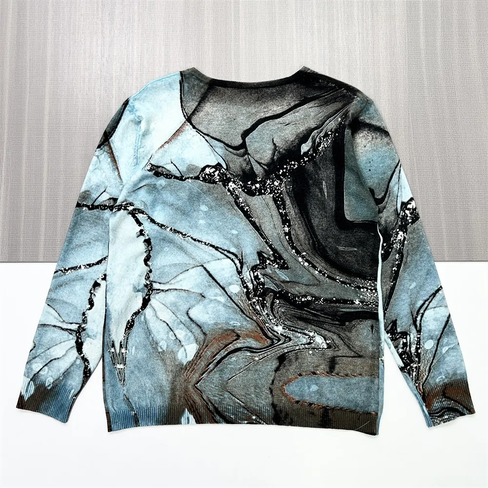 Women's Marble Pattern Knit Sweater with Sequin & Bead Embellishments