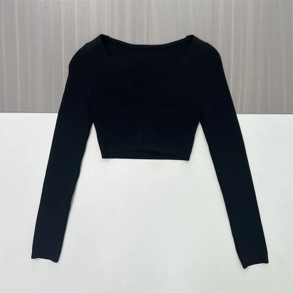 Women's Black Rib-Knit V-Neck Cropped Sweater (Slim-Fit Long Sleeve)