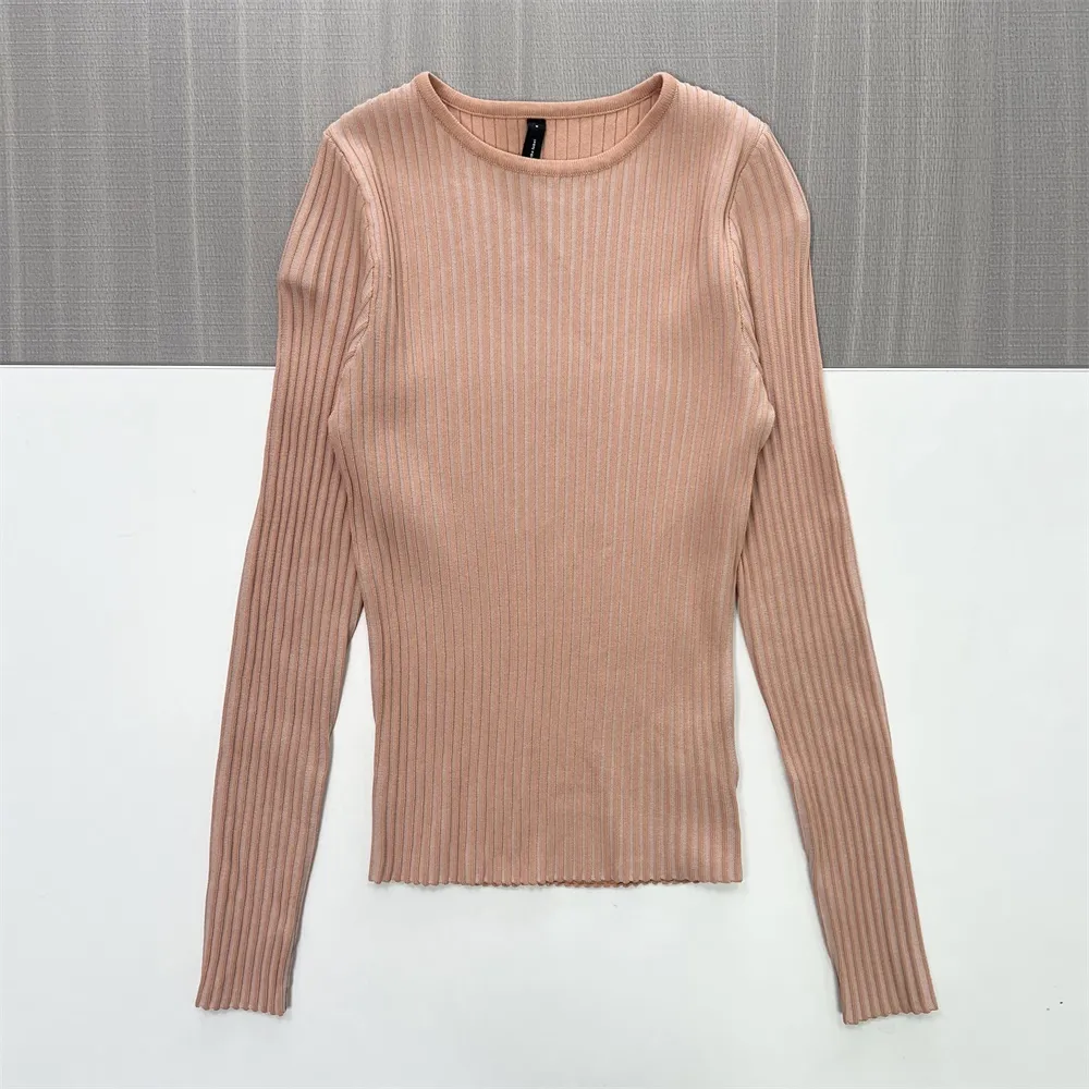 Women's Blush Pink Rib-Knit Sweater (Crew Neck, Slim-Fit Long Sleeve)