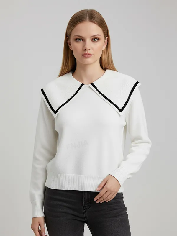 Women's White Sailor Collar Knit Sweater with Black Contrast Trim