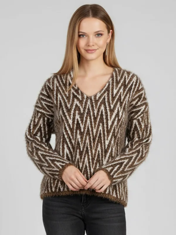 Women's Brown & Cream Chevron Knit Sweater (V-Neck, Fluffy Texture)