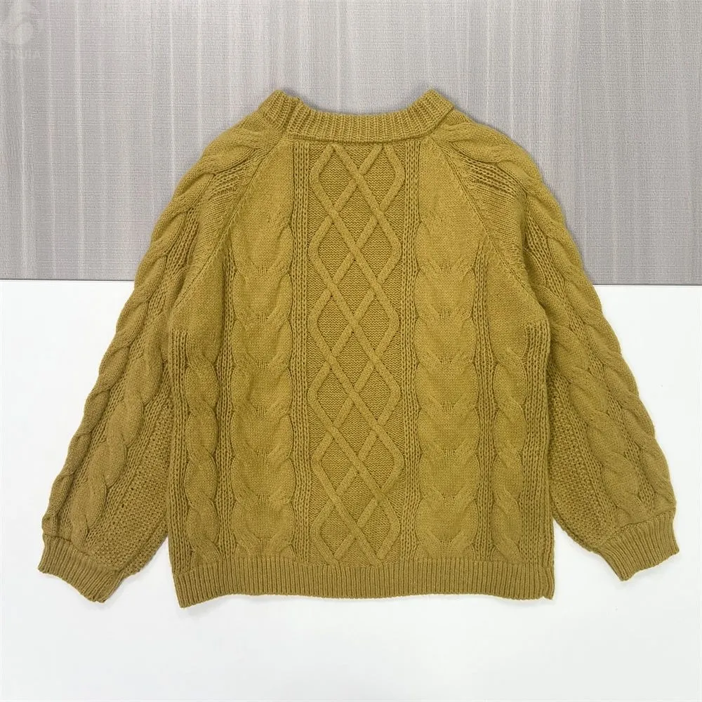 Women's Mustard Cable-Knit Sweater (Diamond Pattern, Relaxed Fit)
