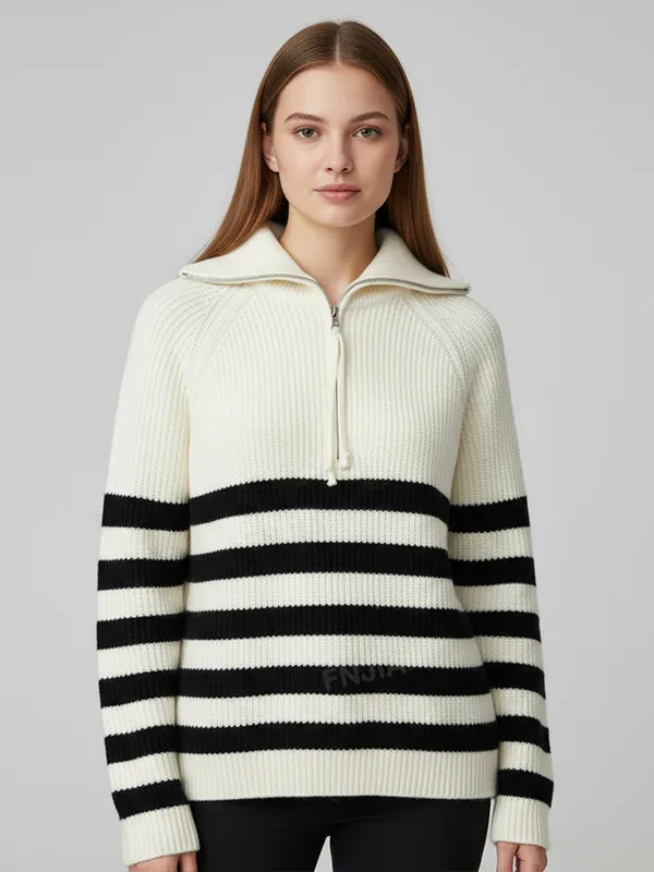 Women's Ivory & Black Striped Rib-Knit Quarter-Zip Polo Collar Sweater