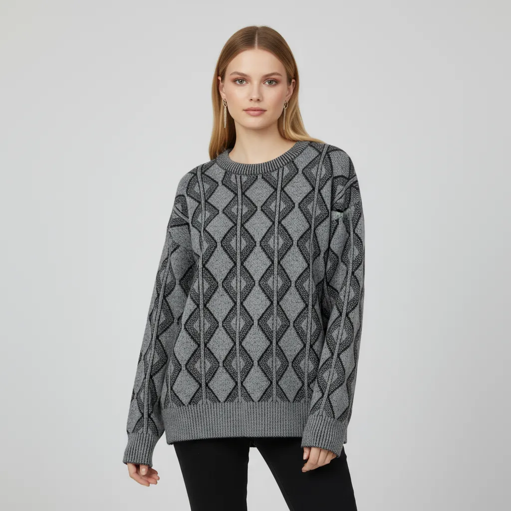 Women's Grey & Black Diamond Pattern Knit Sweater (Cropped Fit)