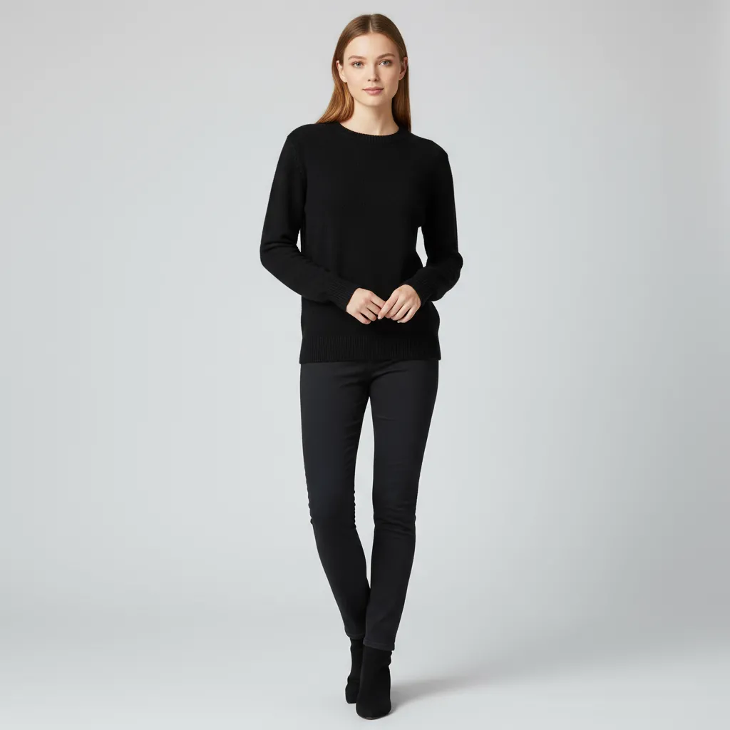 Women's Black Crew Neck Knit Sweater (Relaxed Fit, Classic Solid Design)
