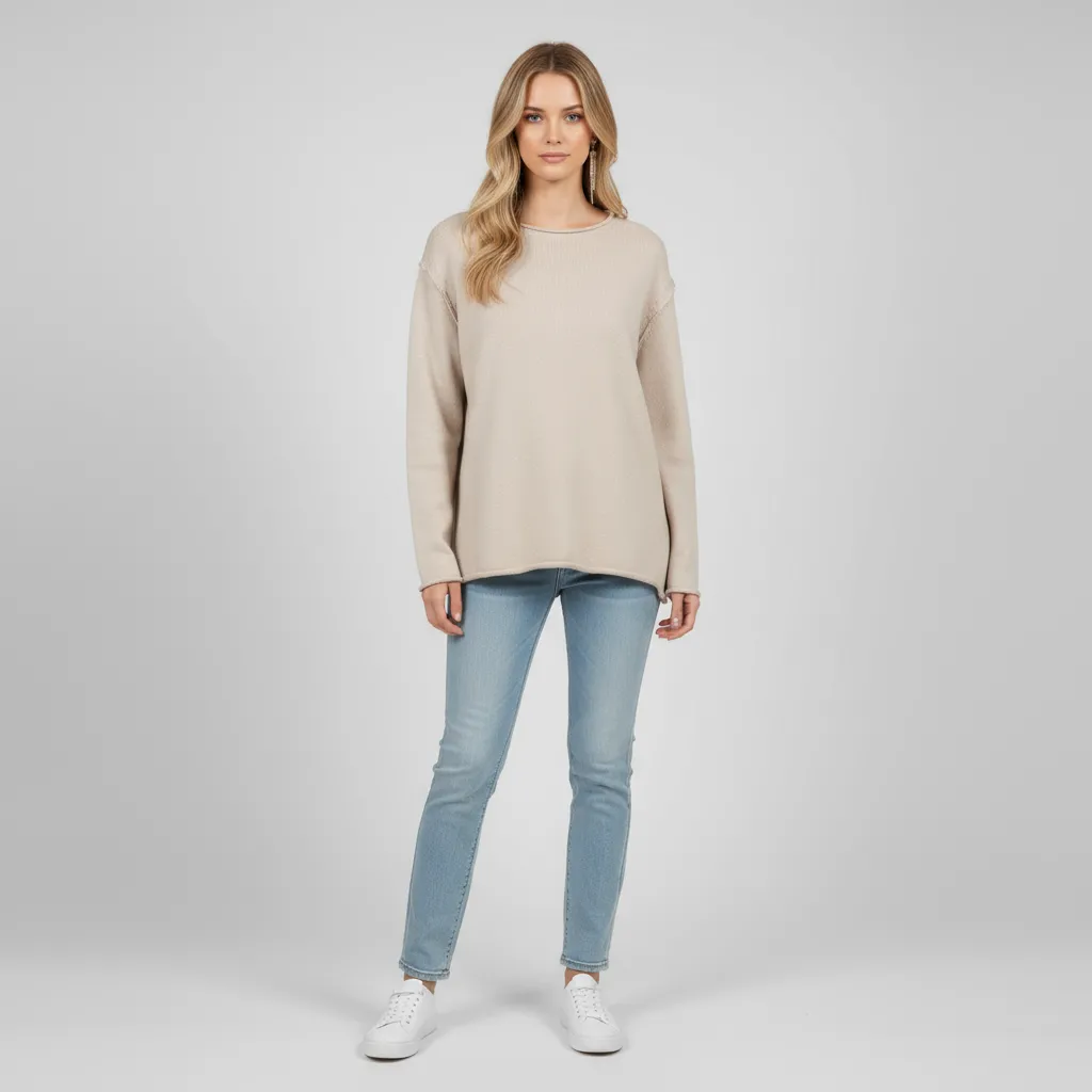 Women's Beige Rib-Knit Crew Neck Sweater (Relaxed Fit)