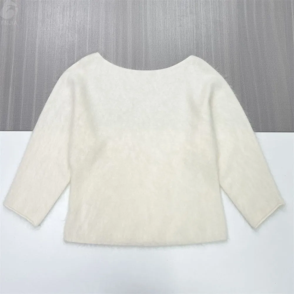 Women's Cream Boat Neck Knit Sweater (Soft Fuzzy Texture, 3/4 Sleeves)