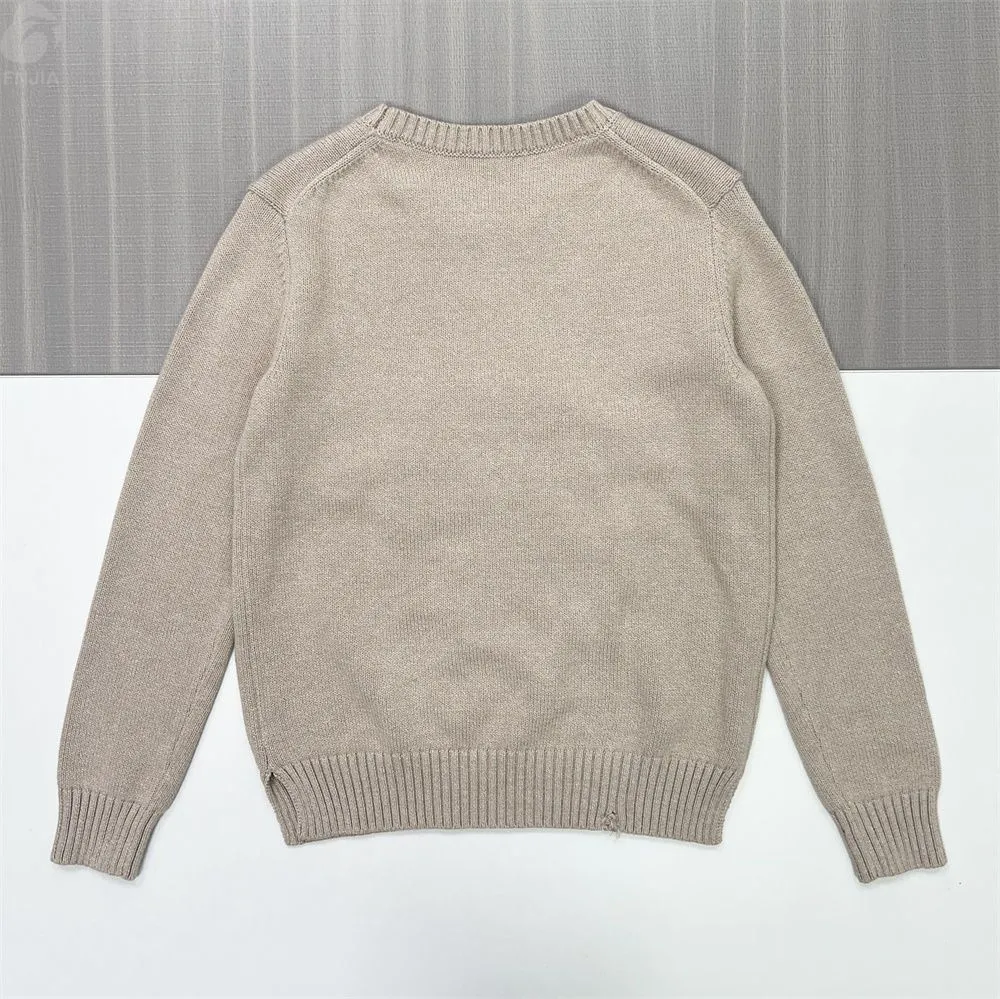 Women's Beige Bear & Dog Graphic Knit Sweater (Crew Neck, Playful Design)