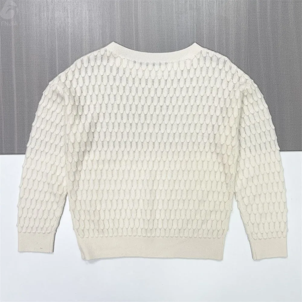 Women's Cream Scale-Pattern Openwork Knit Sweater (Crew Neck, Textured Design)