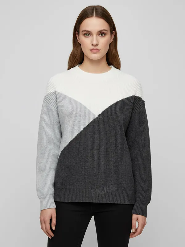 Women's Tri-Color Block Knit Sweater (Crew Neck, Oversized Relaxed Fit)