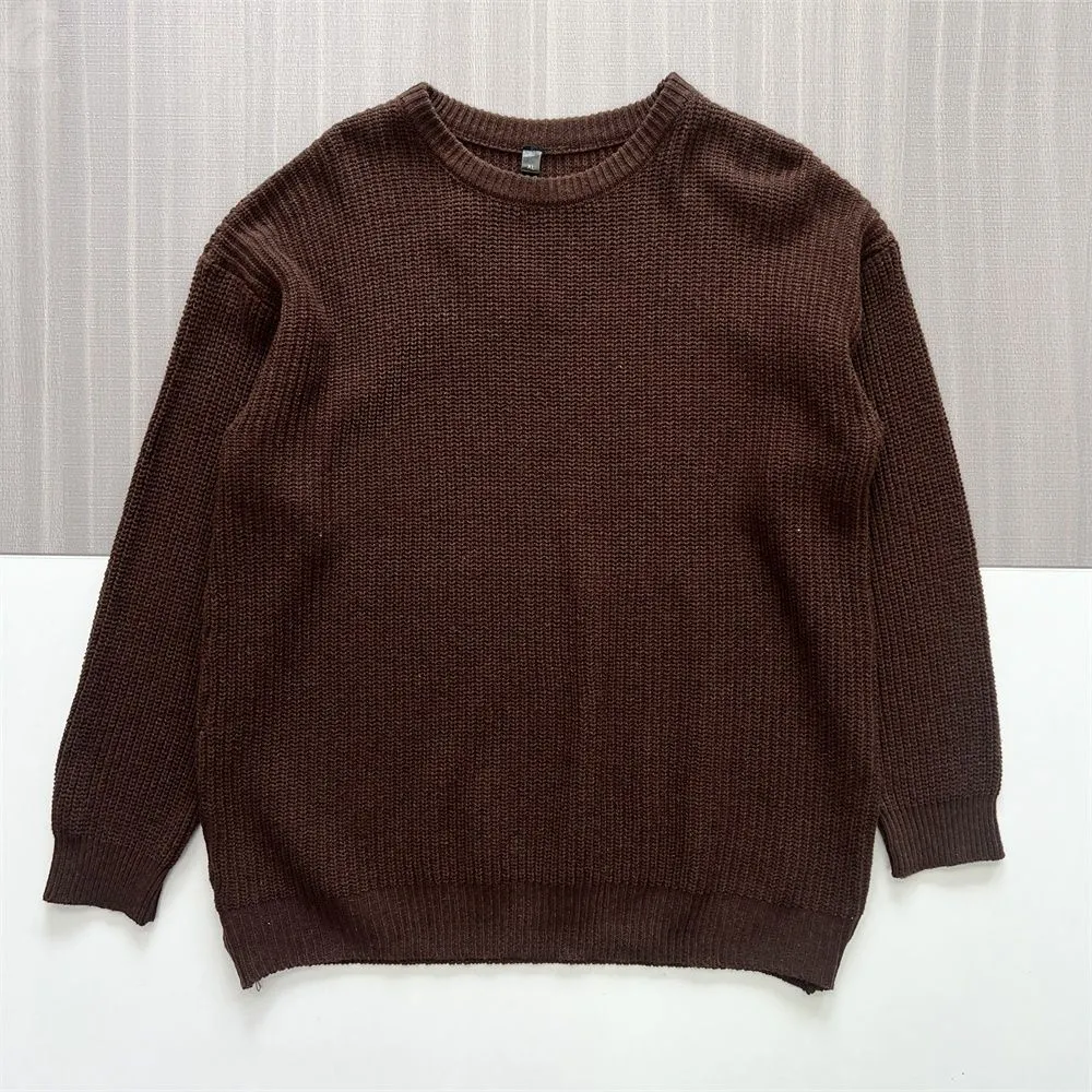 Women's Chocolate Brown Waffle-Knit Sweater (Crew Neck, Oversized Relaxed Fit)