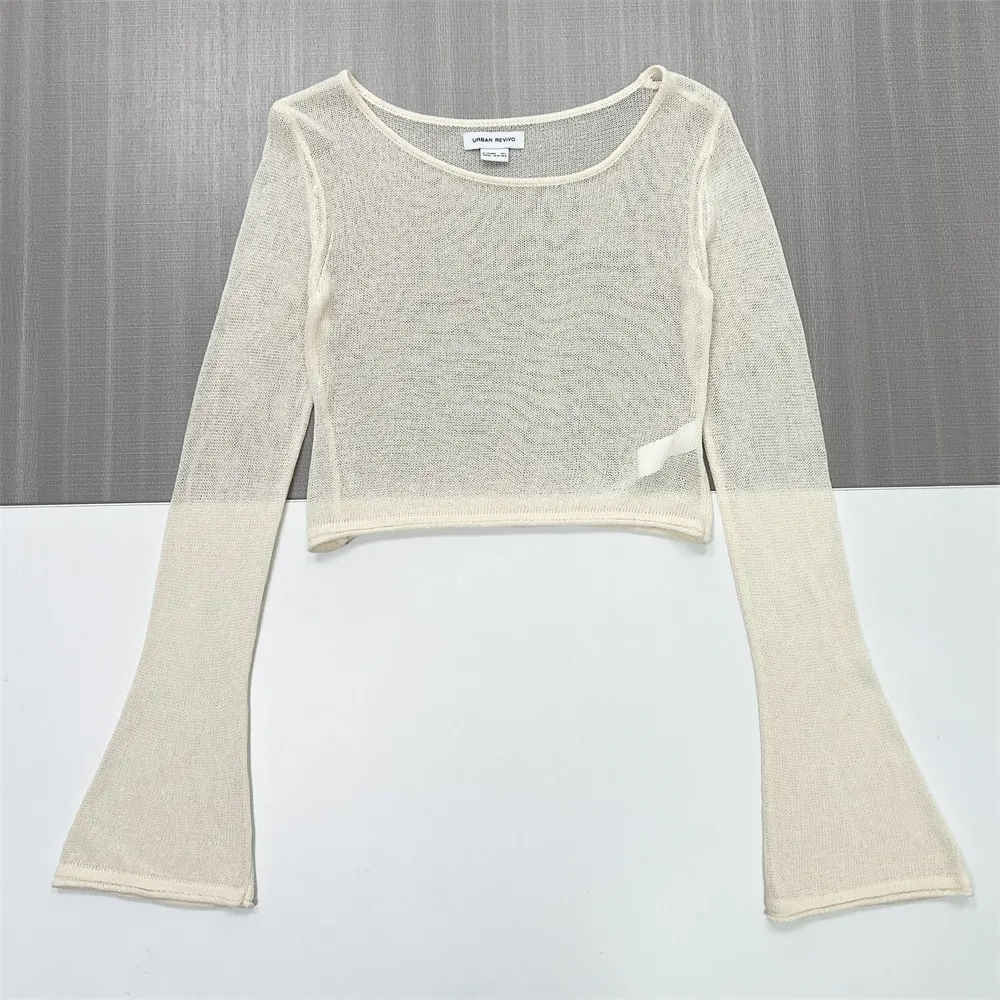 Women's Ivory Sheer Knit Top (Crop Fit, Flared Bell Sleeves & Boat Neck)