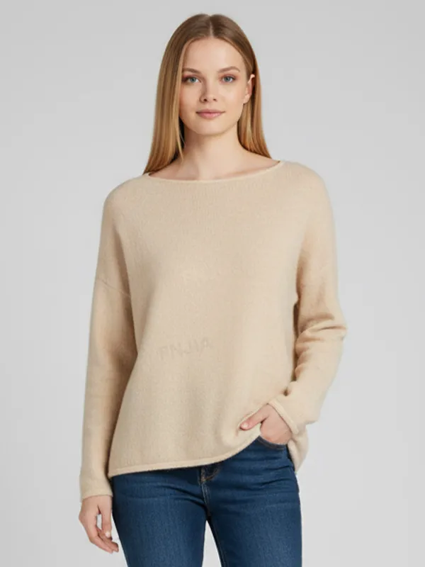 Women's Beige Boat Neck Knit Sweater (Soft Minimalist Design)