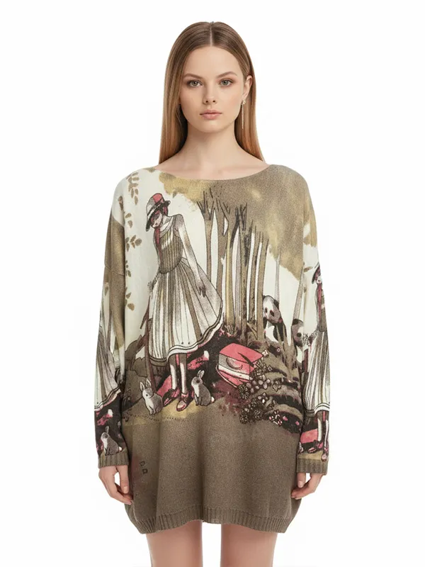 Women's Artistic Illustration Print Knit Tunic (Fantasy Scene Design)