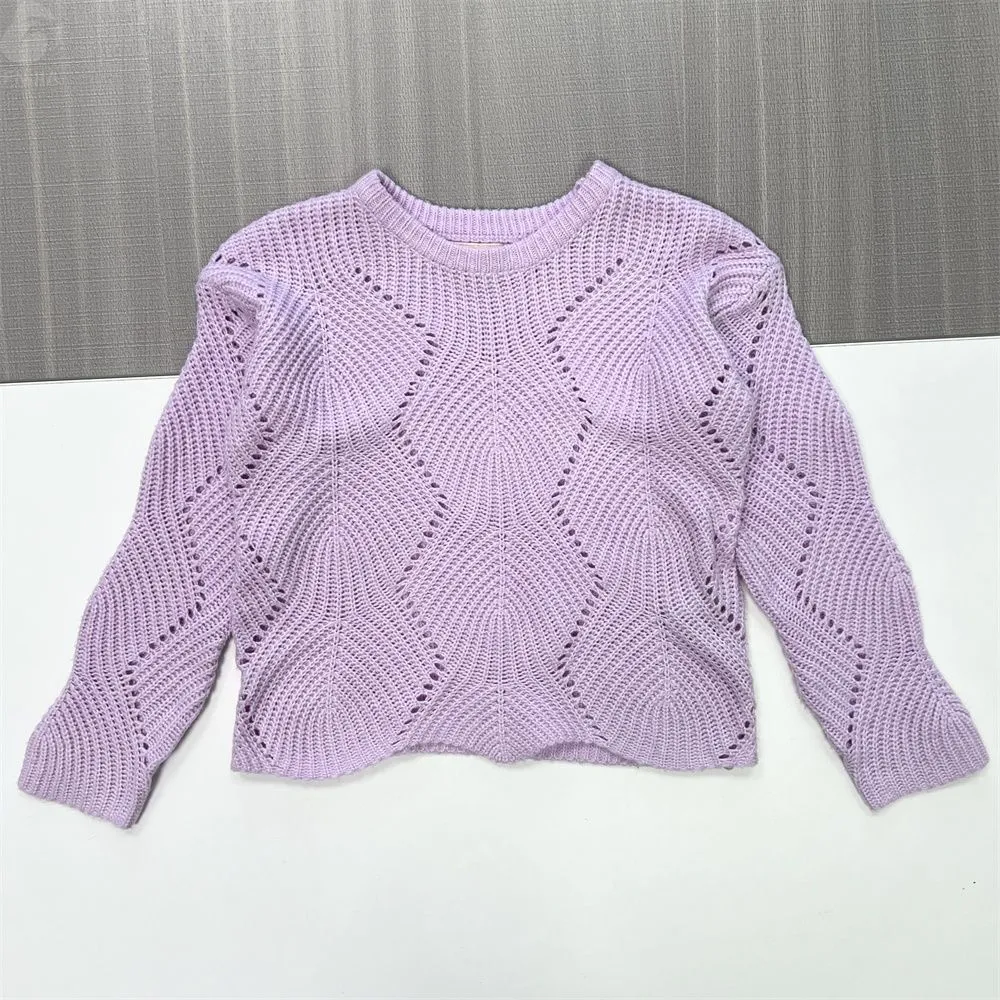 Women's Lavender Openwork Knit Sweater (Crew Neck, Cropped Oversized Fit)