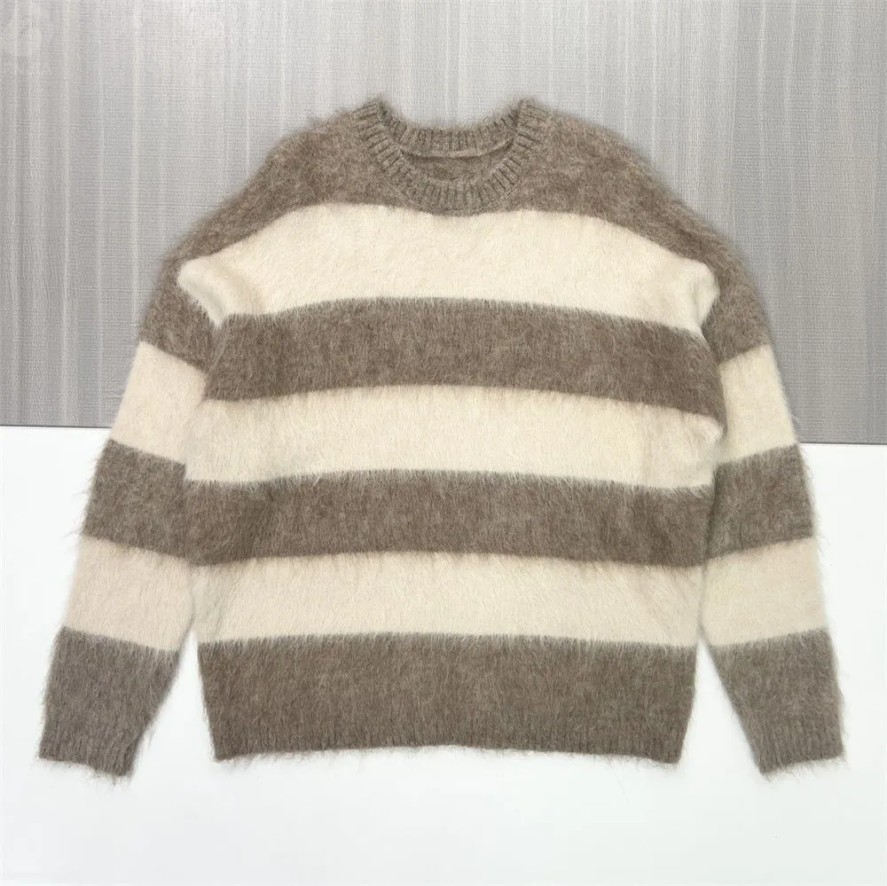 Women's Grey & Cream Striped Fuzzy Knit Sweater (Oversized Fit, Fluffy Texture)