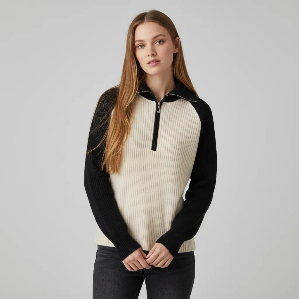 Women's Beige & Black Contrast Rib-Knit Quarter-Zip Polo Collar Sweater