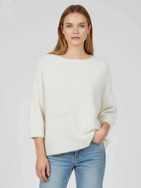 Women's Cream Boat Neck Knit Sweater (Soft Fuzzy Texture, 3/4 Sleeves)