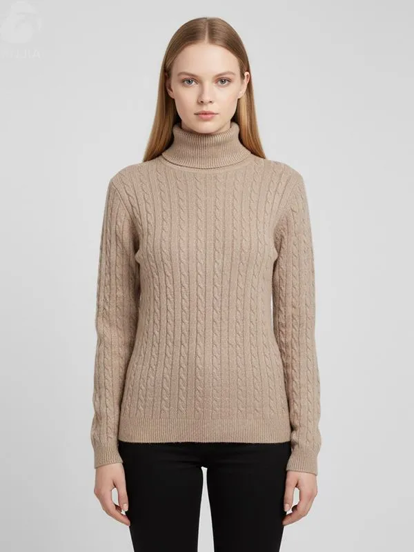 Women's Camel Turtleneck Cable-Knit Sweater (Slim Fit, Intricate Texture)