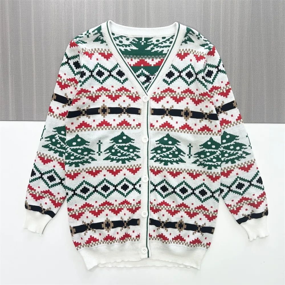 Women's Christmas Fair Isle Knit Cardigan with Tree Pattern (Red & Green)