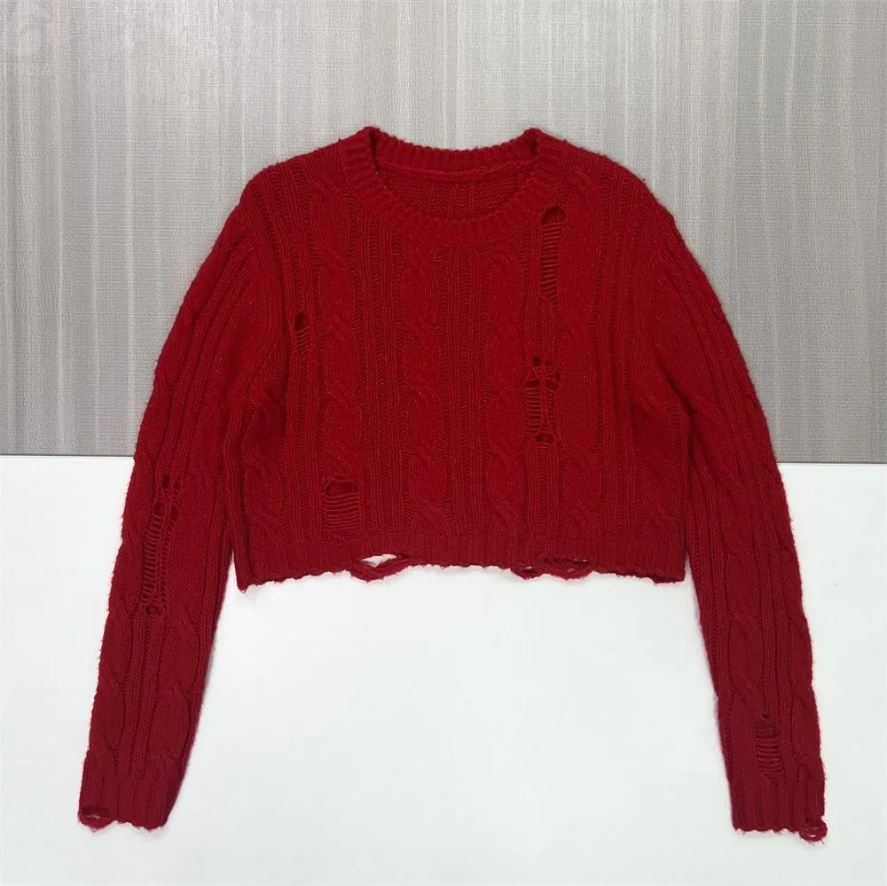 Women's Burgundy Distressed Cable-Knit Sweater (Cropped Fit, Ripped Detail)