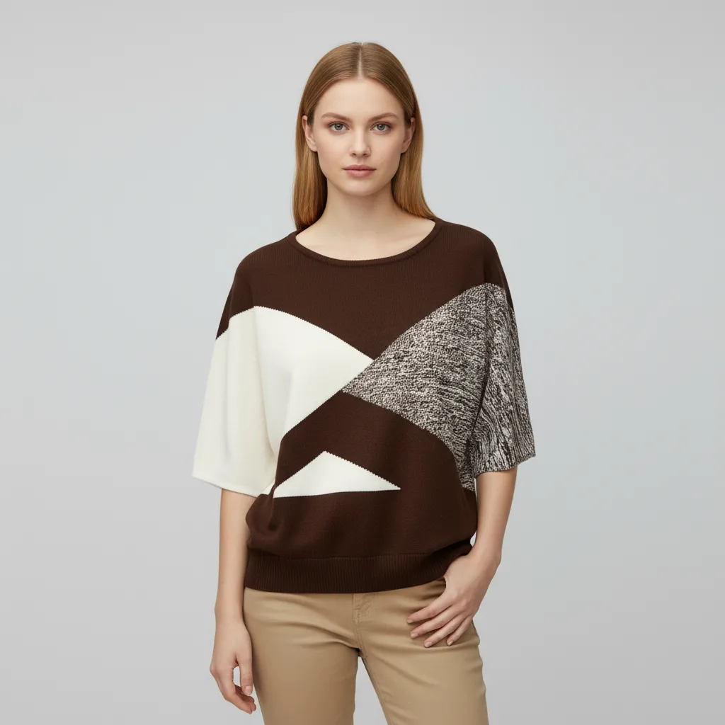 Women's Brown & White Geometric Block Knit Top (Short Sleeve)