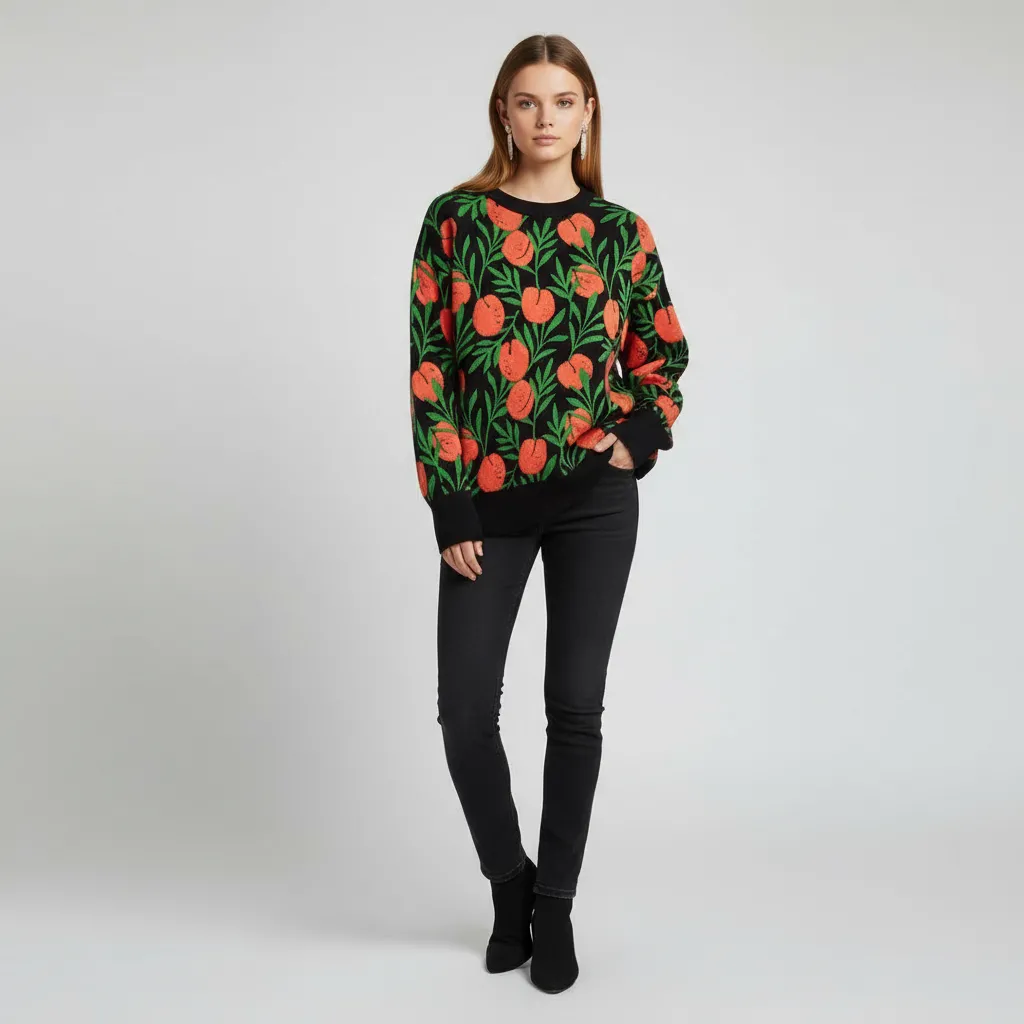 Women's Black Floral Pattern Knit Sweater (Coral & Green Botanical Design)