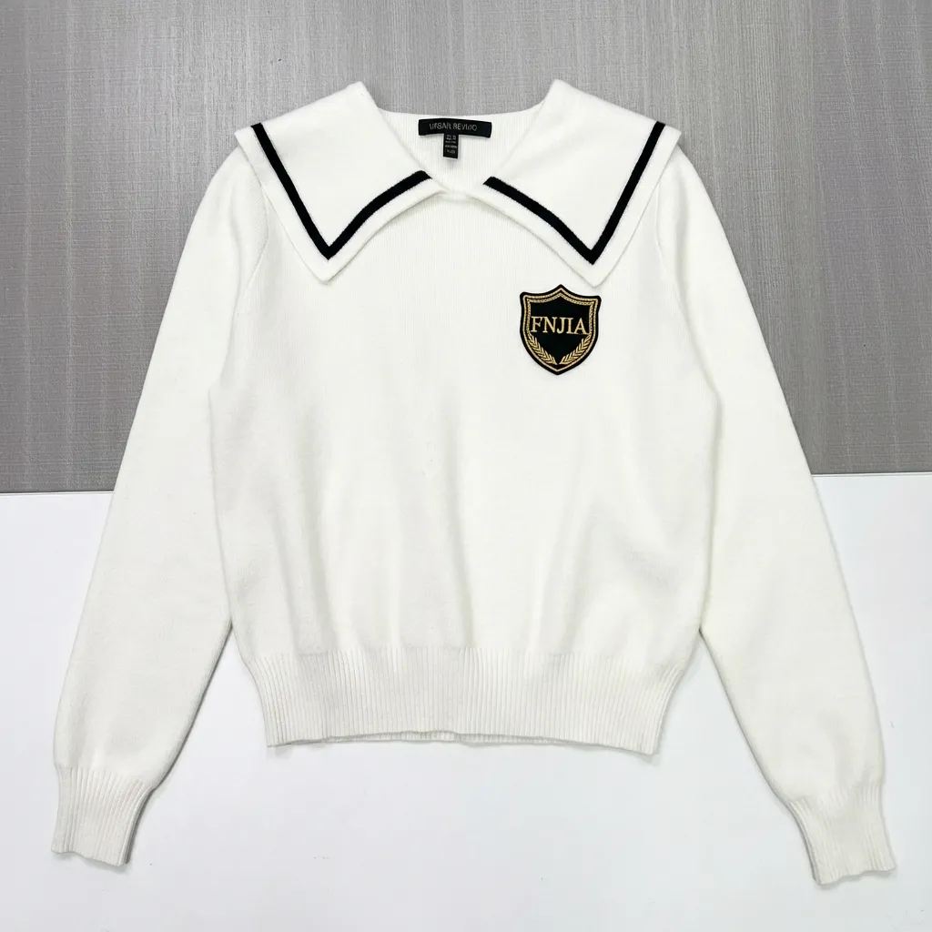 Women's White Sailor Collar Knit Sweater with Contrast Trim & Emblem Detail