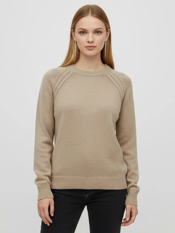 Women's Beige Crew Neck Knit Sweater (Shoulder Cable Detail, Slim-Fit Design)