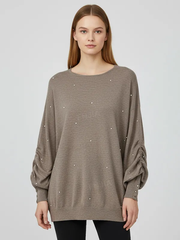 Women's Taupe Knit Tunic (Oversized Fit, Pearl Embellishments & Puff Sleeves)