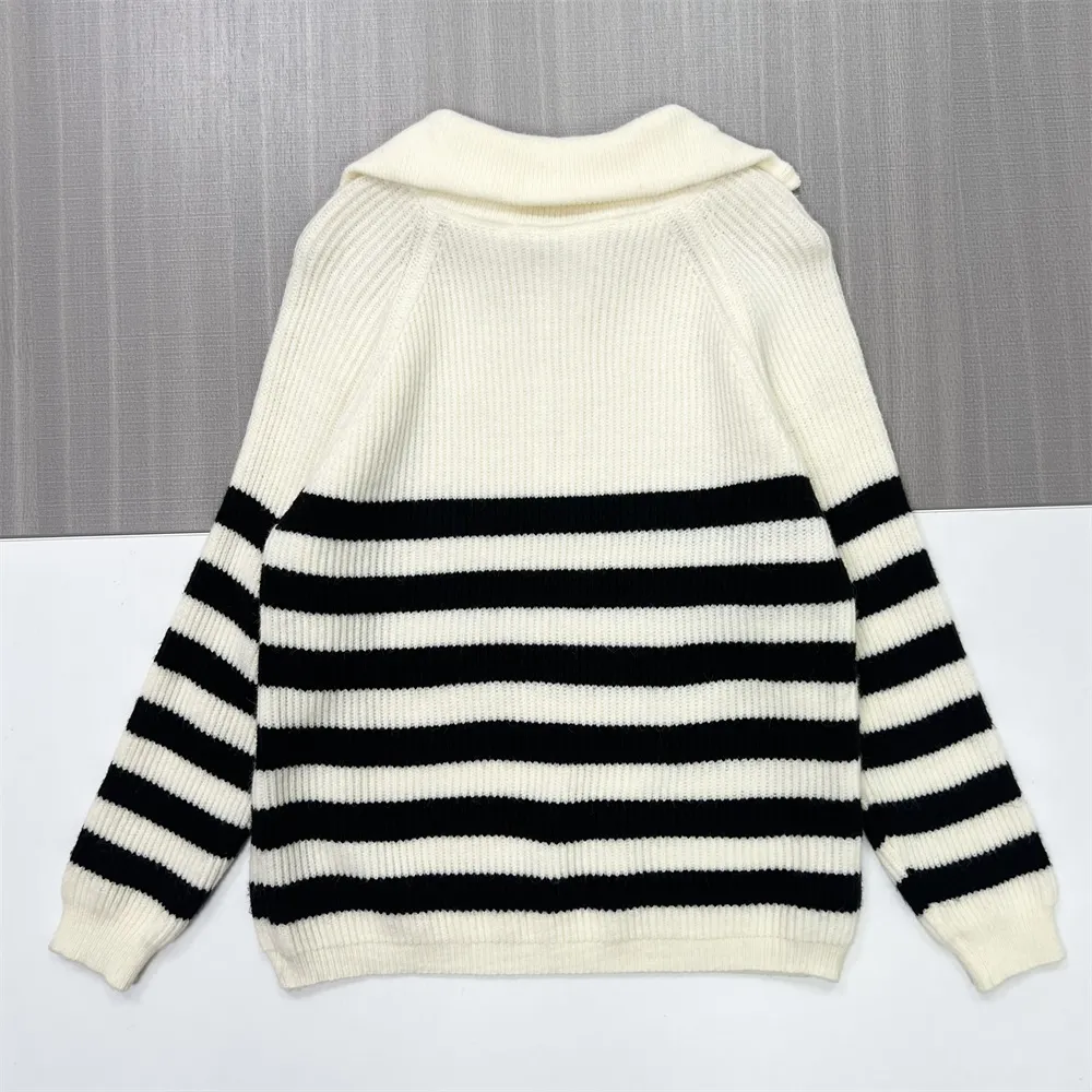 Women's Ivory & Black Striped Rib-Knit Quarter-Zip Polo Collar Sweater